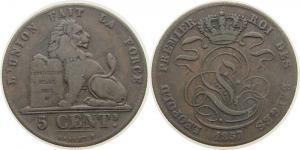 Belgien - Belgium - 1857 - 5 Centimes  fast ss