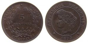 Frankreich - France - 1893 - 5 Centimes  stgl