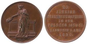 Mannheim - auf die 20jährige Erinnerungsfeier des Feldzuges von 1870/71 - 1890 - Medaille  vz