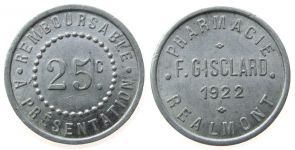Gisclard F. - Pharmacie Realmont - 1922 - 25 Centimes  vz