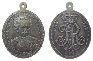Hartmann Jakob Freiherr von - auf die 100 Jahrfeier des Bayerischen 14. Infanterie-Regiments Hartmann - 1914 - tragbare Medaille  vz