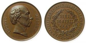 Uhland Ludwig - auf seinen 100. Geburtstag - 1887 - Medaille  vz