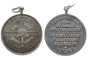 Westheim - zum 25jährigen Jubiläum der Freiwilligen Feuerwehr - 1897 - tragbare Medaille  vz+