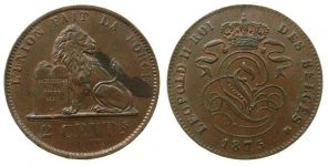 Belgien - Belgium - 1875 - 2 Centimes  vz-unc